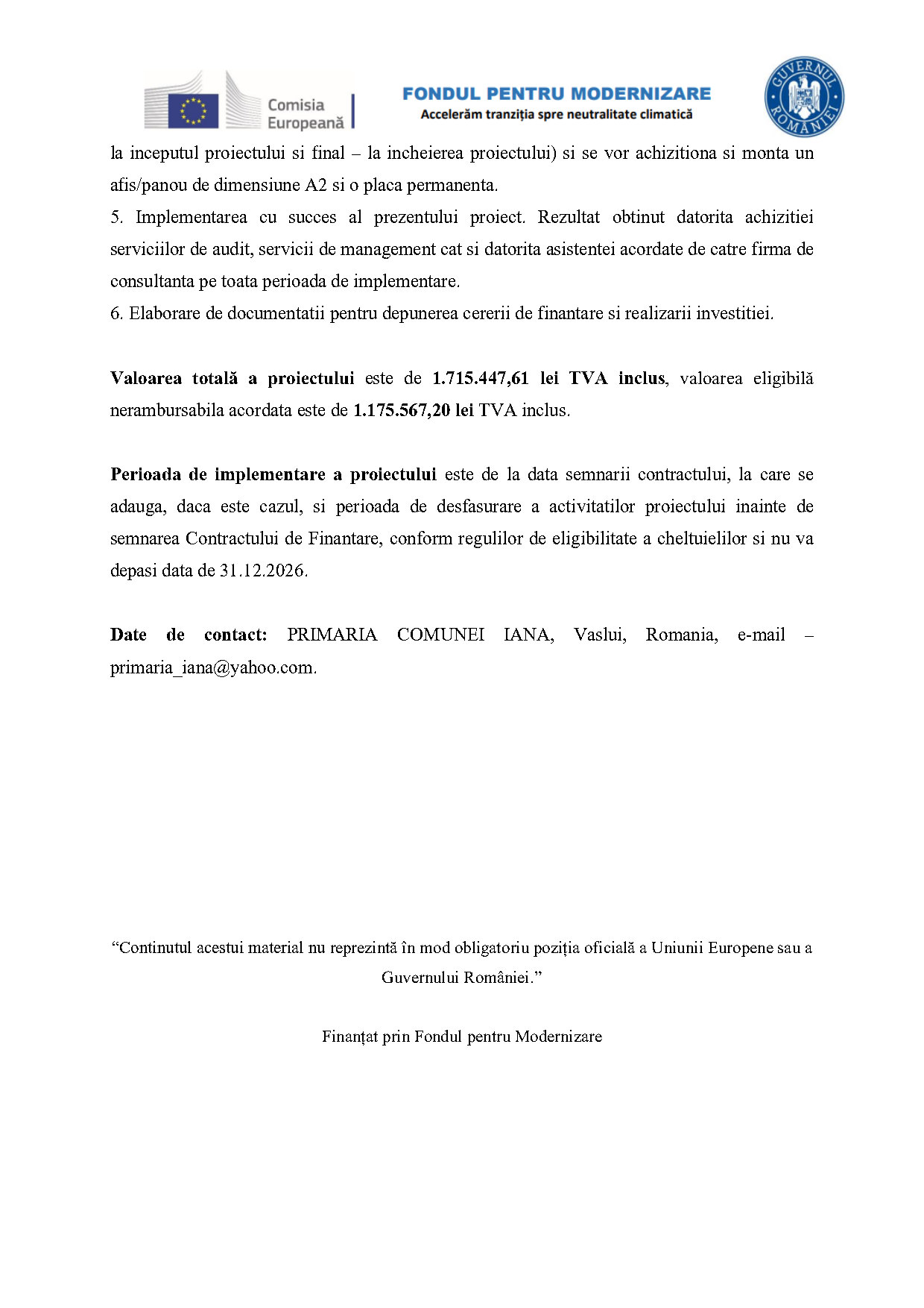 Comunicat de presă - "Fondul pentru modernizare"